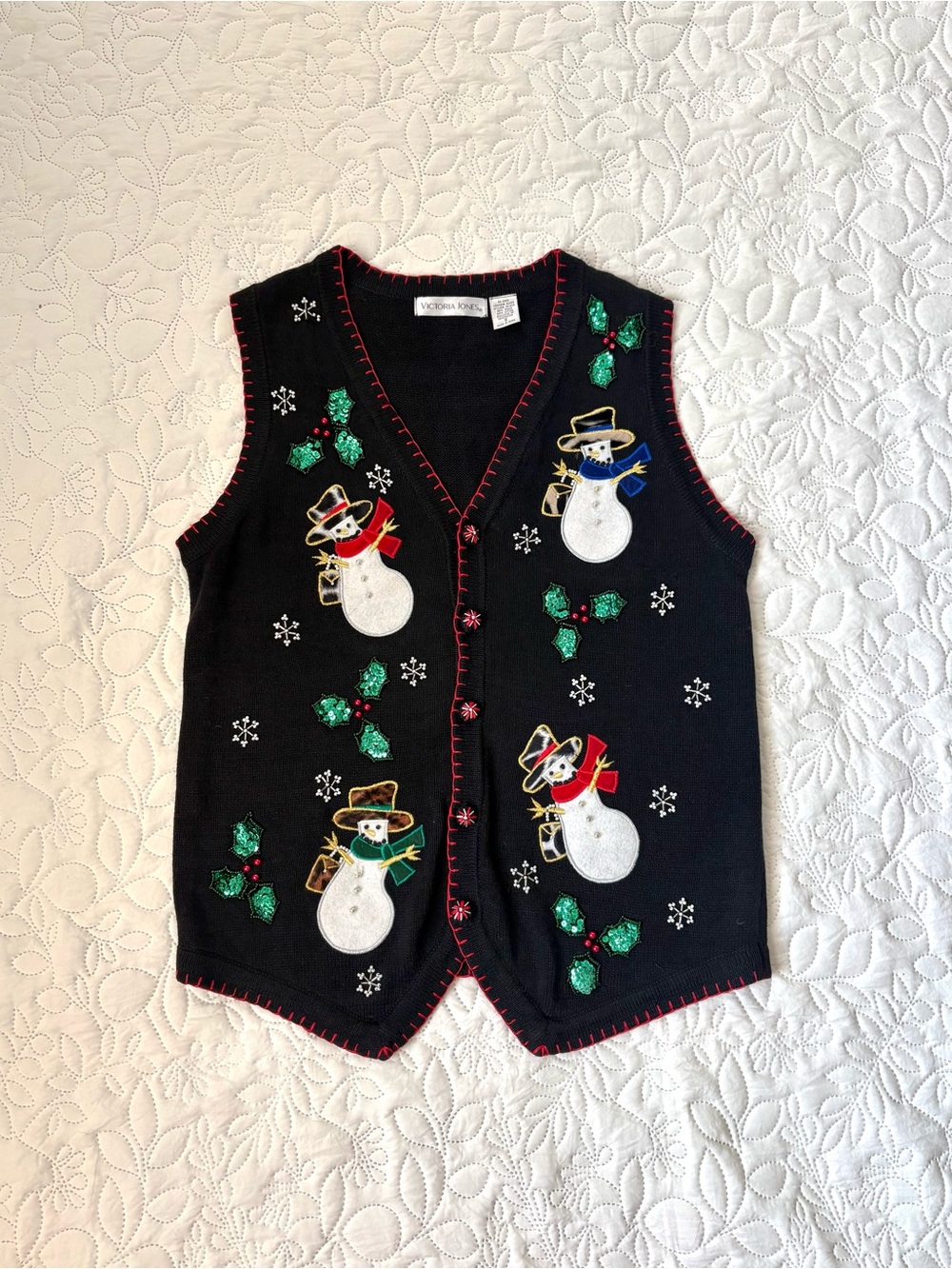 Vintage Victoria Jones Christmas Snowman Sequin Sweater Vest Small